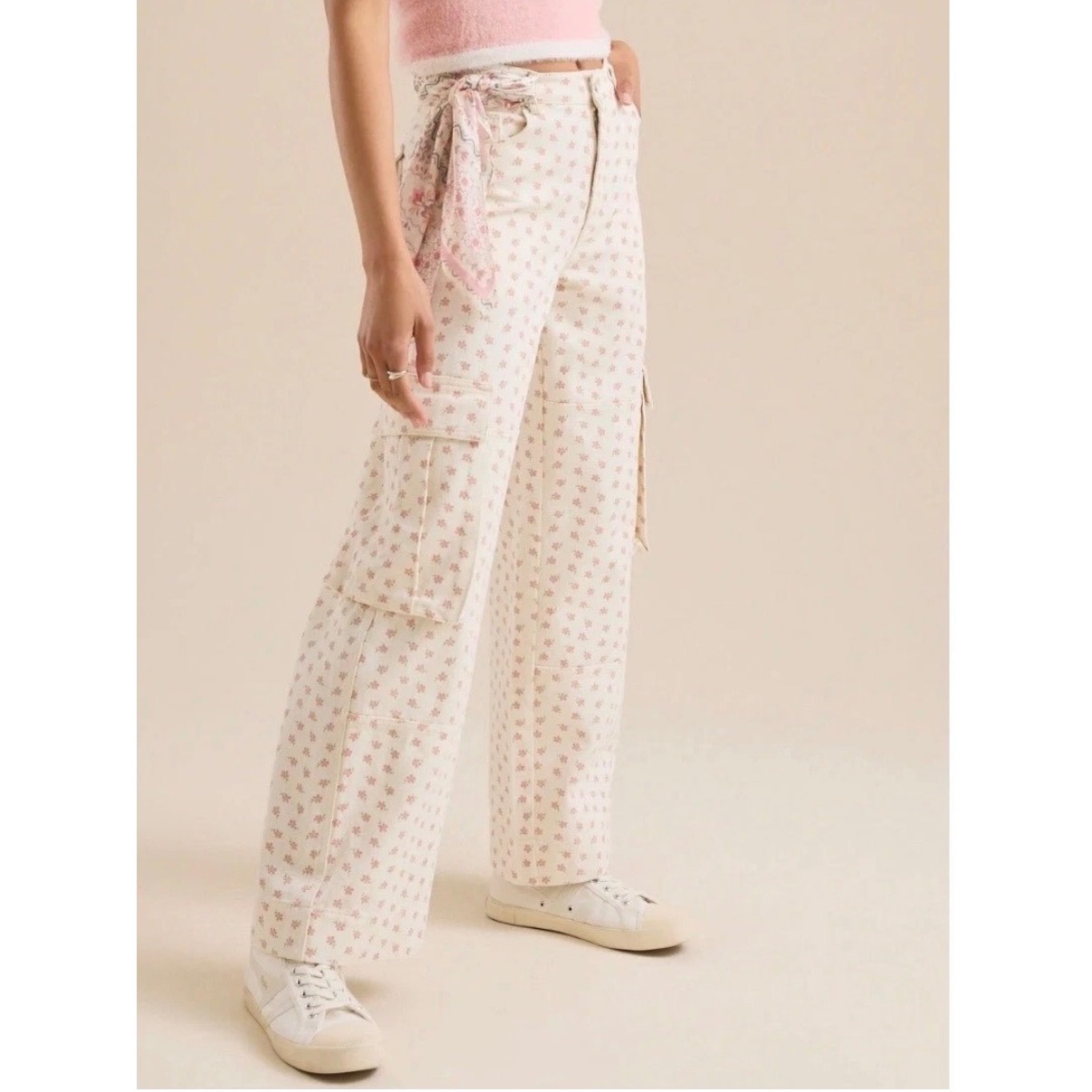 Altar'd State Womens Floral Print Cargo Pants Cream Pink Wide Leg Xs Cottage